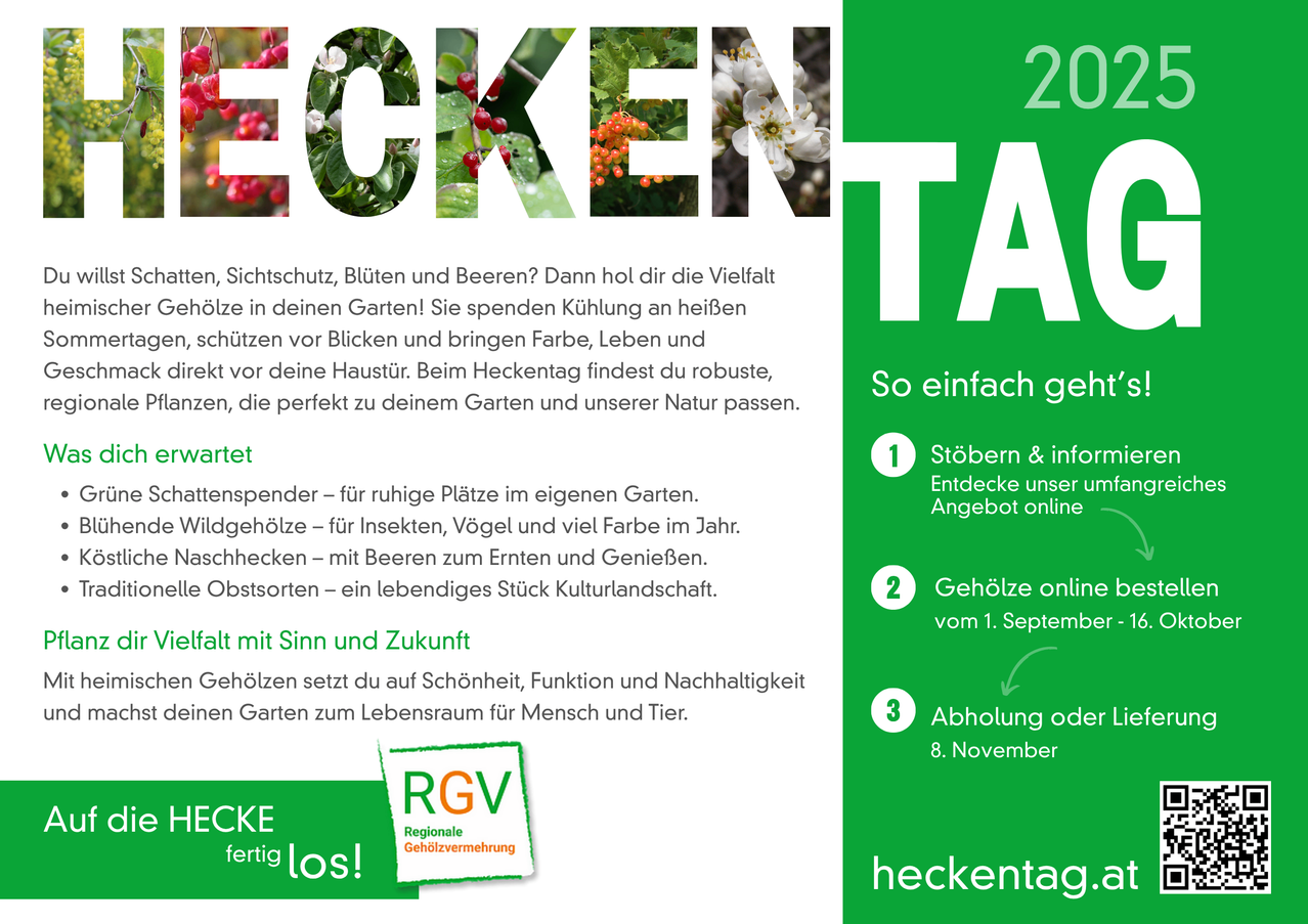 Das Bild bewirbt die Hecktag-Veranstaltung und hebt die Vorteile einheimischer Bäume für Gärten hervor. Es betont Schatten, Schutz, Blüten und Beeren. Die Veranstaltung bietet robuste Bäume, die sich gut für Gärten und die Natur eignen.