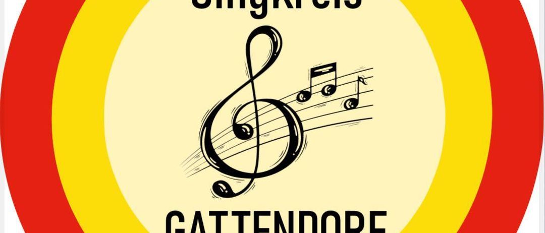 Das Logo für Singkreis Gattendorf mit einem Violinschlüssel und Musiknoten. Das Logo ist in einem rot-gelben kreisförmigen Design.