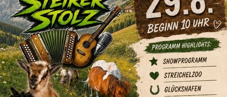 A poster for Reiterhof Kern featuring a horse jumping, musical instruments, and a family event with animals and a beer. The date is August 29th, starting at 10 AM.
