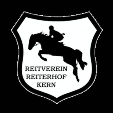 Schwarz-weißes Schild mit Silhouette eines Reiters auf einem Pferd. Der Text lautet 'Reitverein Reiterhof Kern.'