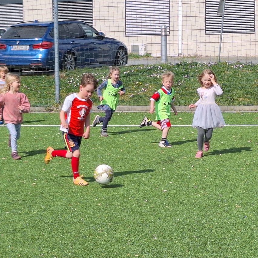 Eine Gruppe junger Kinder spielt Fußball auf einem Feld mit einem geparkten blauen Auto in der Nähe.