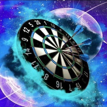Ein Dartboard ist vor einem lebhaften blauen und violetten Hintergrund zu sehen, mit eingesteckten Darts. Die Zahlen 1 bis 20 umgeben das Brett.