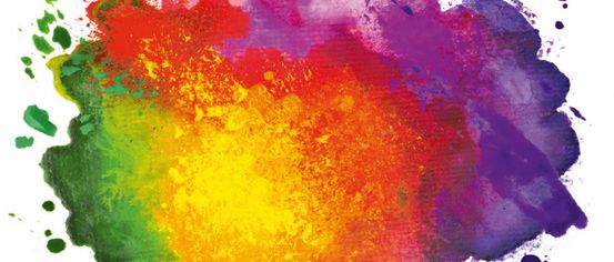 Ein leuchtendes Aquarellbild zeigt eine Mischung aus Rot, Gelb, Grün, Blau und Lila, die sich zu einem Regenbogeneffekt auf einem weißen Hintergrund vermischen.