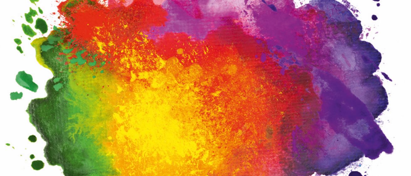 Ein leuchtendes Aquarellbild zeigt eine Mischung aus Rot, Gelb, Grün, Blau und Lila, die sich zu einem Regenbogeneffekt auf einem weißen Hintergrund vermischen.