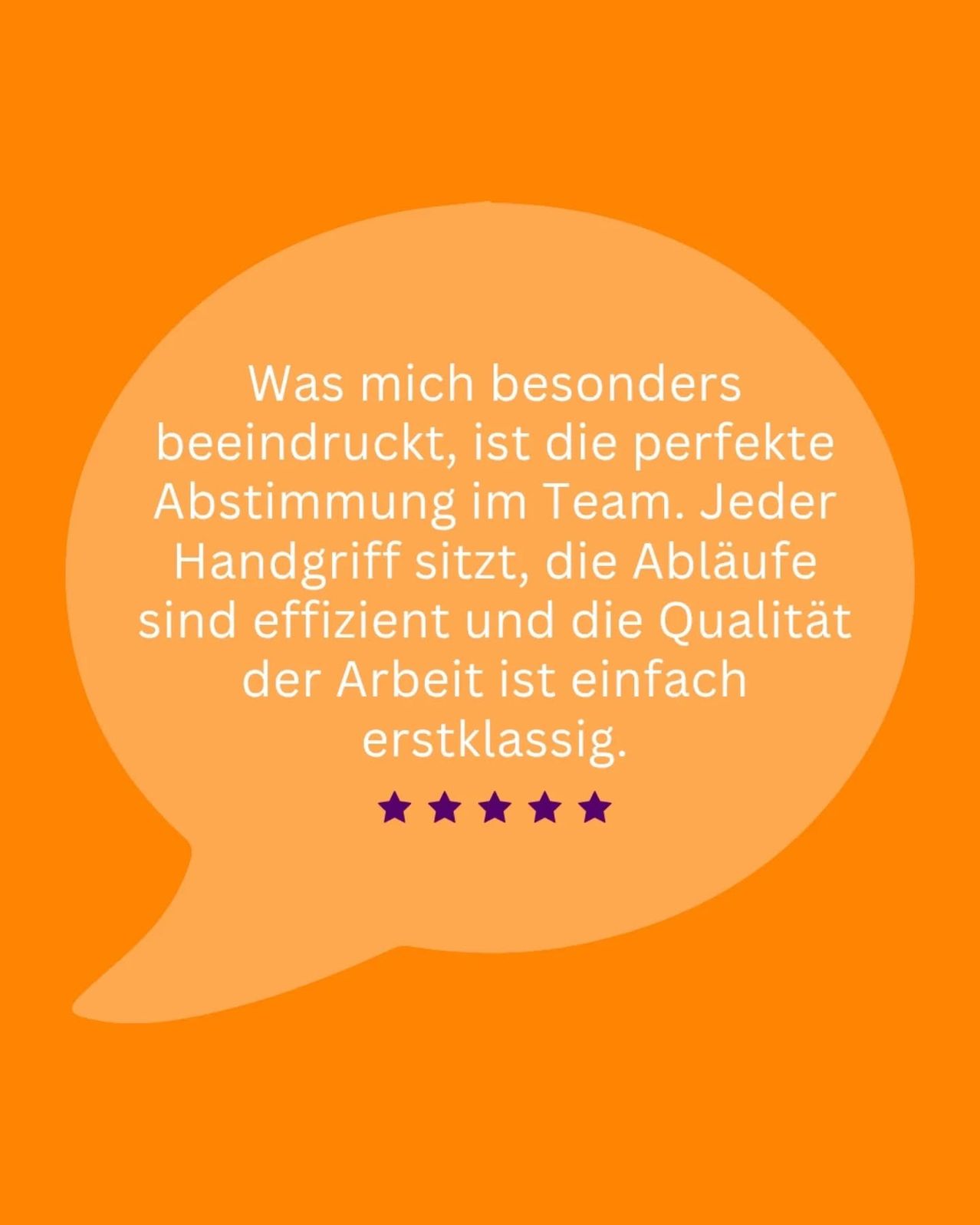 Der Text in einer orangefarbenen Sprechblase handelt von der beeindruckenden Teamarbeit, der perfekten Abstimmung und den effizienten Arbeitsabläufen. Er lobt die Qualität der Arbeit als erstklassig.