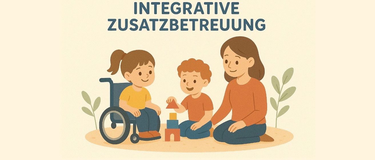 Eine Illustration einer Mutter und zweier Kinder beim gemeinsamen Spielen, ein Kind im Rollstuhl, betont integrative Betreuung.