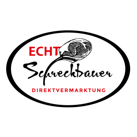 Das Logo von Echt Schwecktbauern Direktvermarktung zeigt ein stilisiertes Fleischstück in Rot und Schwarz und steht für die Marke's Fokus auf Qualität und Direktvermarktung.
