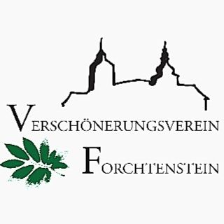 Logo des Erschonerungsverein Forchtenstein, eine Schwarz-Weiß-Illustration einer Burg und eines grünen Blattes.
