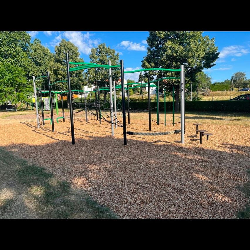 An outdoor playground with various climbing and hanging equipment, surrounded by trees and a clear blue sky.
