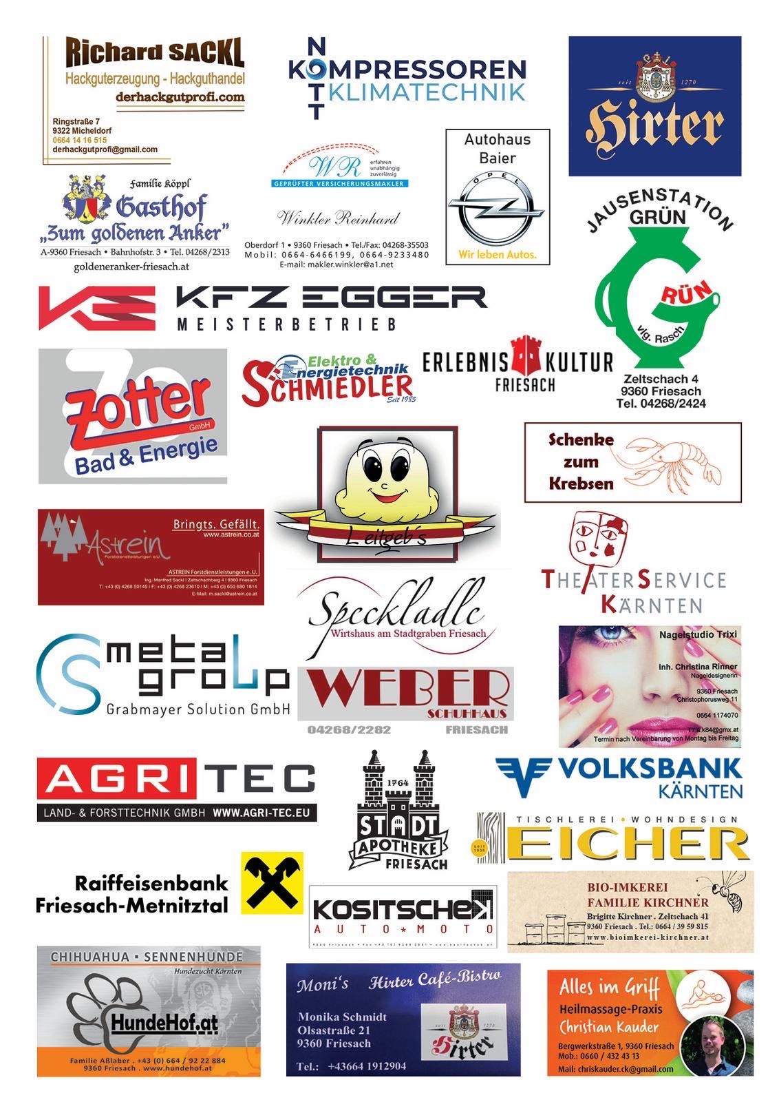 Das Bild enthält Logos und Werbeanzeigen verschiedener Unternehmen, darunter Gasthof Zum Goldenen Anker, Zottel Bad & Energie, Weber Schuhhaus und weitere. Es zeigt eine Vielzahl von Unternehmen.