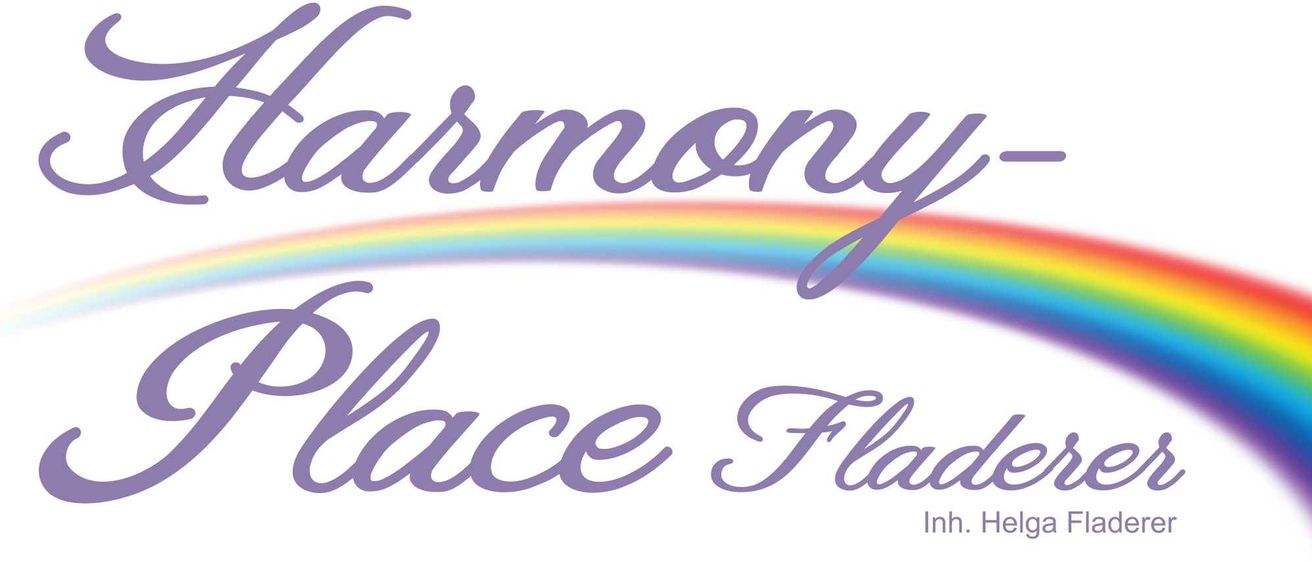Ein Logo mit den Worten 'Harmony Palace' in lila Schrift mit einem Regenbogen im Hintergrund.