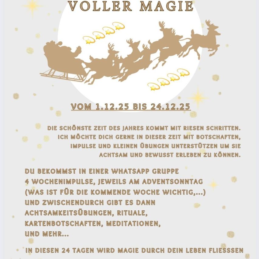 An advertisement for a festive event called 'Full of Magic' featuring Santa Claus riding his sleigh. It spans from December 1, 2025, to December 24, 2025. The text invites participants to join a WhatsApp group for weekly impulses, rituals, and meditations.