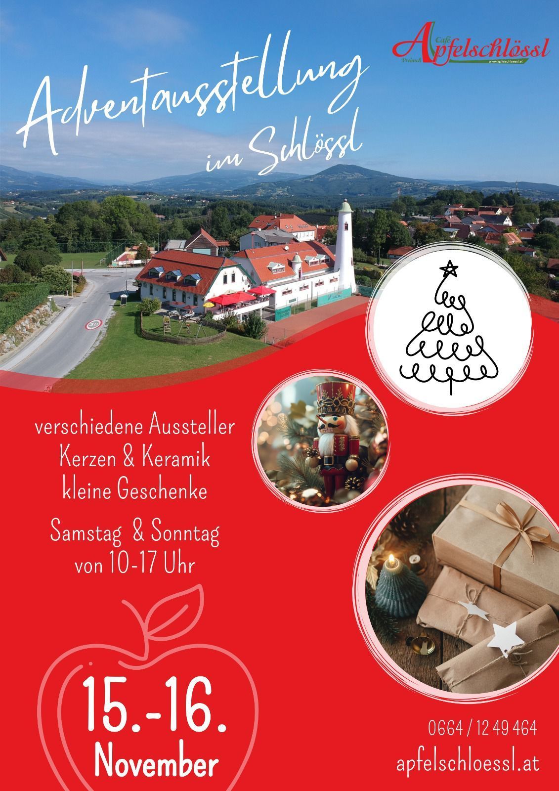 An aerial view of a village with a house, red roofs, trees, and mountains. It has a Christmas tree design with a nutcracker and wrapped gifts.