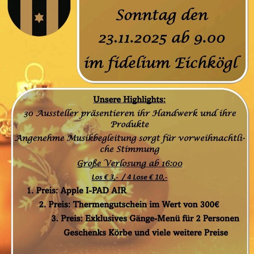 Poster for a pre-Christmas event on Jan 23, 2025, starting at 9:00 AM. Features 30 exhibitors showcasing their crafts and products. Includes music, a large raffle at 4:00 PM, and prizes like an Apple I-PAD AIR, a 300€ gift voucher, and an exclusive dinner menu for two.