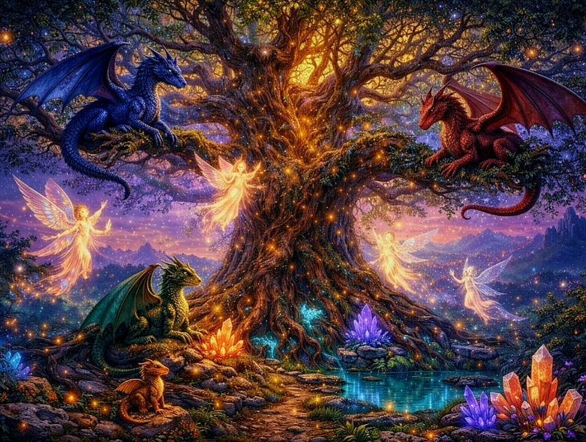 Ein mystischer Baum mit magischen Kreaturen. Ein blauer Drache, ein roter Drache und ein grüner Drache ruhen auf seinen Ästen. Feen schweben um ihn herum. Kristalle und ein Teich befinden sich an der Basis.