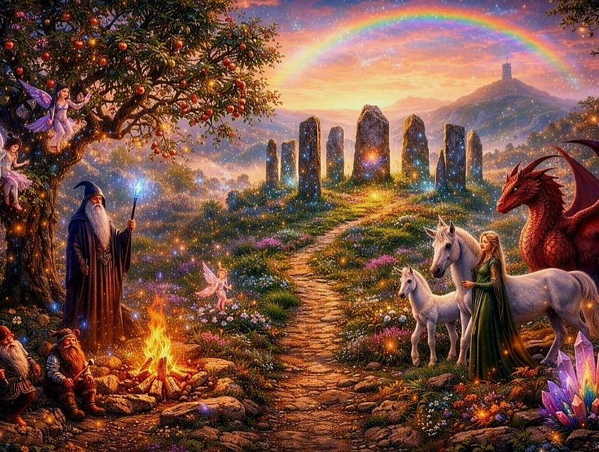 Eine verzauberte Szene mit einem Zauberer, einem Drachen, einer Fee und Pferden. Ein Pfad führt zu alten Steinen unter einem Regenbogen.