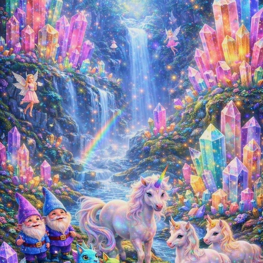 Fantasieszene mit Einhörnern, Zwergen und Kristallen. Ein Regenbogen biegt sich über einen Wasserfall, mit einer Fee darüber. Die Zwerge tragen Hüte und Gürtel.