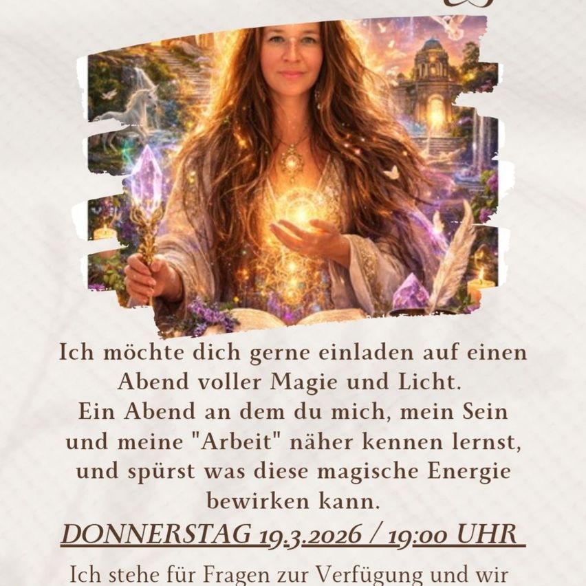 Eine Frau mit langen Haaren, die ein leuchtendes Objekt in der Hand hält. Das Bild ist magisch und hell. Unten steht eine Einladung zu einem Abend voller Magie und Licht.
