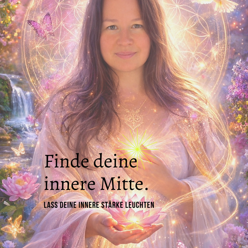 Eine Frau hält eine leuchtende Lotusblume, umgeben von Schmetterlingen und Blumen. Im Hintergrund ist ein Wasserfall und ein goldenes Licht zu sehen. Der Text lautet 'Finde deine innere Mitte.' Er ermutigt, das innere Zentrum zu finden.