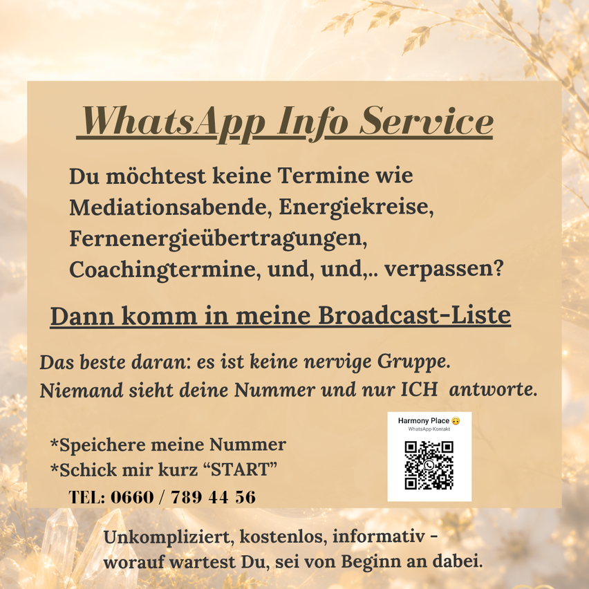 An advertisement for a WhatsApp Info Service. It offers a private and secure way to schedule meditation sessions, energy circles, distance energy transfers, coaching sessions, and more. It emphasizes no one else sees your number and only the sender responds. It includes a phone number and a QR code for easy contact.