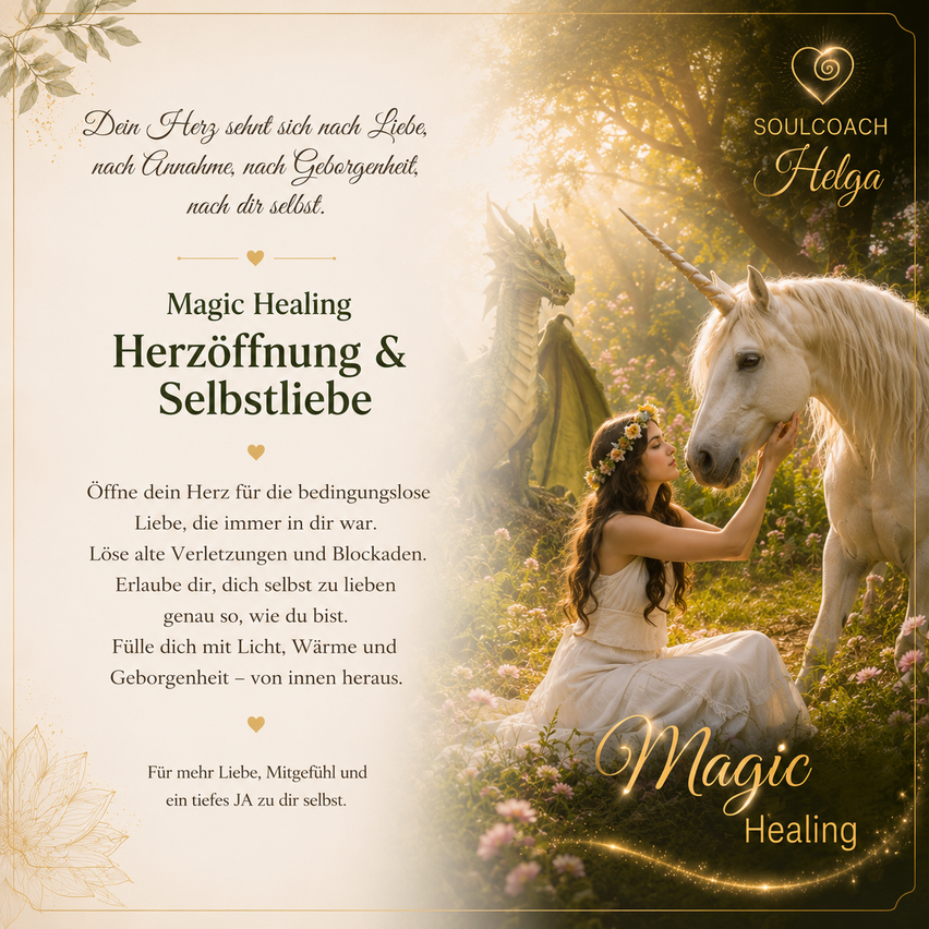 A poster shows a woman in a white dress sitting in a field with a unicorn. The poster features text in German about magic healing and self-love.