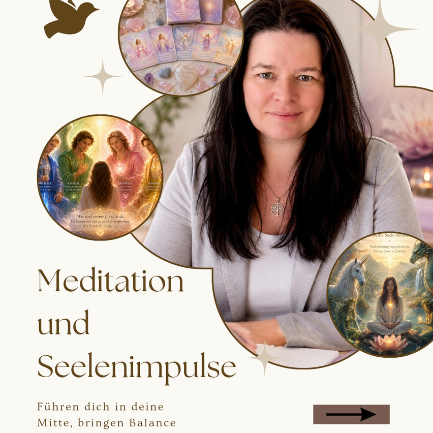 Eine lächelnde Frau mit langen dunklen Haaren, die eine Halskette und ein graues Oberteil trägt, posiert für ein Foto mit verschiedenen mystischen Bildern im Hintergrund. Der Text lautet Meditation und Seelenimpulse.