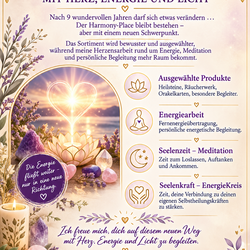 Ein Poster mit einem Herz und einem Lotus in der Mitte, umgeben von verschiedenen Kristallen und einer Kerze. Der Text auf Deutsch handelt von Energie, Meditation und persönlicher Begleitung. Das Poster enthält auch eine Liste von Dienstleistungen und Produkten.