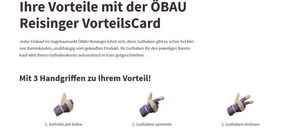 Das Bild zeigt einen weißen Hintergrund mit Text und einem Handschuh-Bild. Es bewirbt die OeBau VorteilsCard und ermutigt Kunden, Gutscheine von gekauften Produkten zu sammeln. Es wird angegeben, dass Gutscheine automatisch in Euro umgerechnet werden.