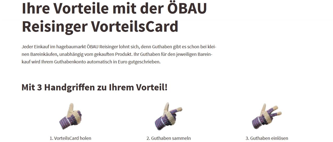Das Bild zeigt einen weißen Hintergrund mit Text und einem Handschuh-Bild. Es bewirbt die OeBau VorteilsCard und ermutigt Kunden, Gutscheine von gekauften Produkten zu sammeln. Es wird angegeben, dass Gutscheine automatisch in Euro umgerechnet werden.