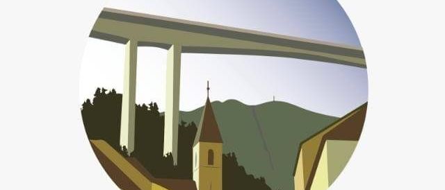 Logo des Dorfvereins Schoettl Wien mit einer Brücke, einer Kirche, Häusern und einem Berg. Der Text ist in Blau.