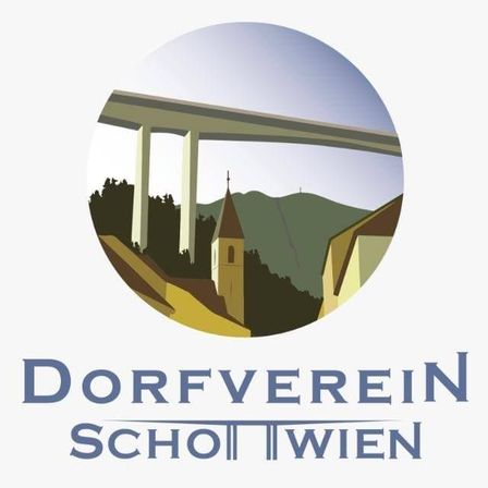 Illustration eines Dorfes mit einer Brücke und einer Kirche im Hintergrund. Der Text lautet Dorfverein Schoett Twien.
