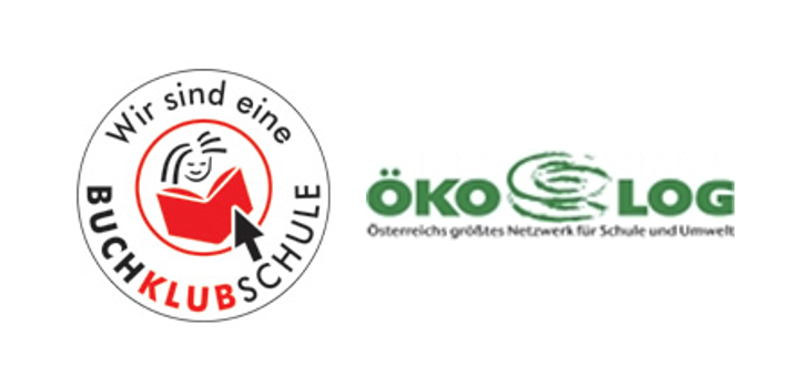Zwei Logos auf weißem Hintergrund. Das erste Logo zeigt eine Person, die ein Buch liest, mit dem Text 'Wir sind eine'. Das zweite Logo zeigt 'OKO LOG' mit dem Untertitel 'Österreichs größtes Netzwerk für Schule und Umwelt'.