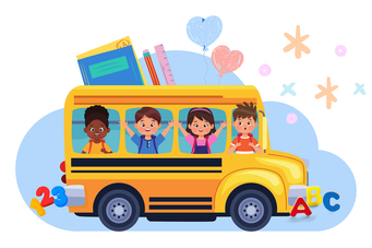 Ein gelber Schulbus mit vier Kindern im Inneren, Büchern und Ballons oben und Symbolen im Hintergrund.