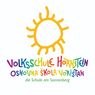 Das Logo der Volksschule Hornstein zeigt eine leuchtende Sonne in der Mitte, umgeben von farbenfrohem Text in mehreren Sprachen. Der Text lautet 'Volksschule Hornstein', 'Osnovna Skole VoriStan' und 'die Schule am Sonnenberg'.