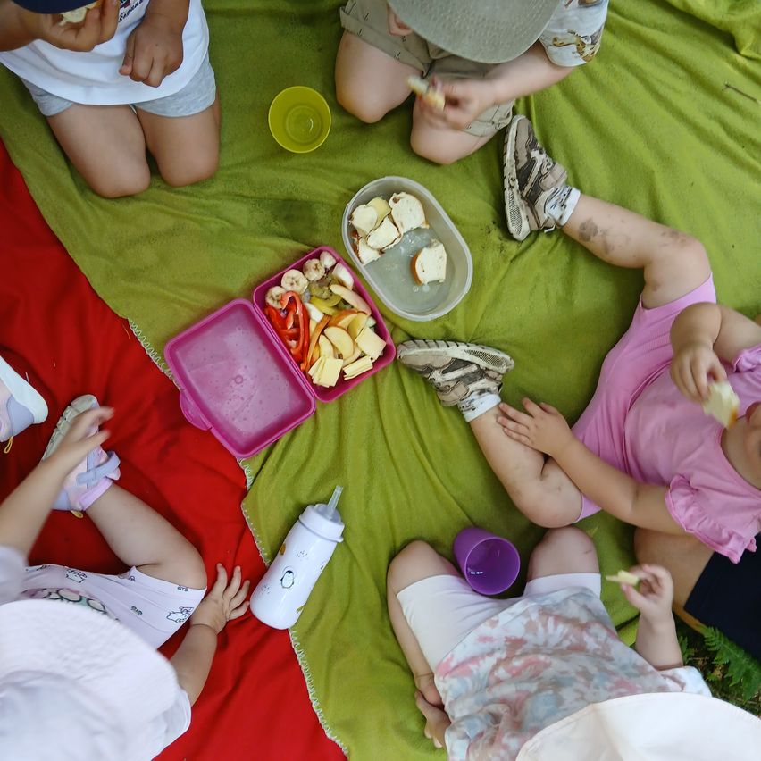 Eine Gruppe von Kindern sitzt auf einer Decke und isst Snacks. Verschiedene Früchte und Gemüse sind in Behältern. Eine Flasche liegt auf der Decke. Die Kinder tragen Hüte und Schuhe.