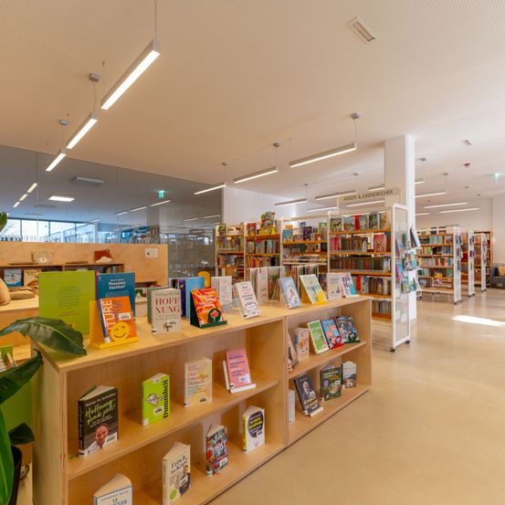 Das Innere einer Bibliothek mit vielen Holzregalen voller Bücher und einer Couch. Eine Glaswand spiegelt den Raum wider und einige Deckenleuchten beleuchten den Raum.