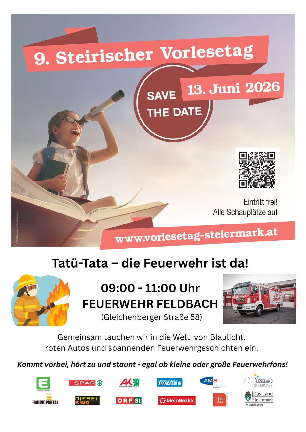 Poster for a fire department event in Feldbach, inviting everyone to join. It features a child with a telescope, a firefighter illustration, and a QR code. The event is free to enter.