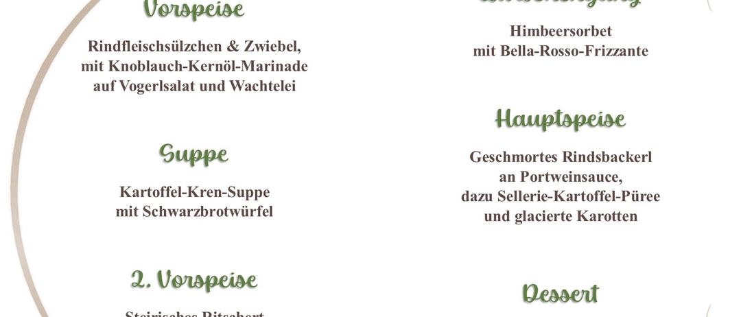 Menü eines Restaurants mit einem Vorspeise aus Feldpilzen, Zwiebeln und Knoblauch mit Bella-Rosso-Dressing, gefolgt von einem Hauptgang aus geräuchertem Rindfleisch, Portweinsauce, Sellerie und Karotten und einem Dessert aus Vanille pochierten Pfirsichen.