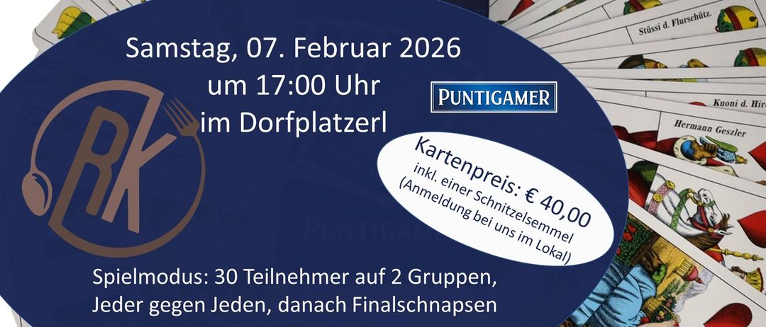 Plakat für eine Kartenspiel-Veranstaltung namens 'Bierkisten' am Samstag, 7. Februar 2026 um 17:00 Uhr. Ort ist Dorfplatzerl. Der Eintrittspreis beinhaltet Karten, €40. Gruppenspiel mit 30 Teilnehmern aufgeteilt in zwei Gruppen.