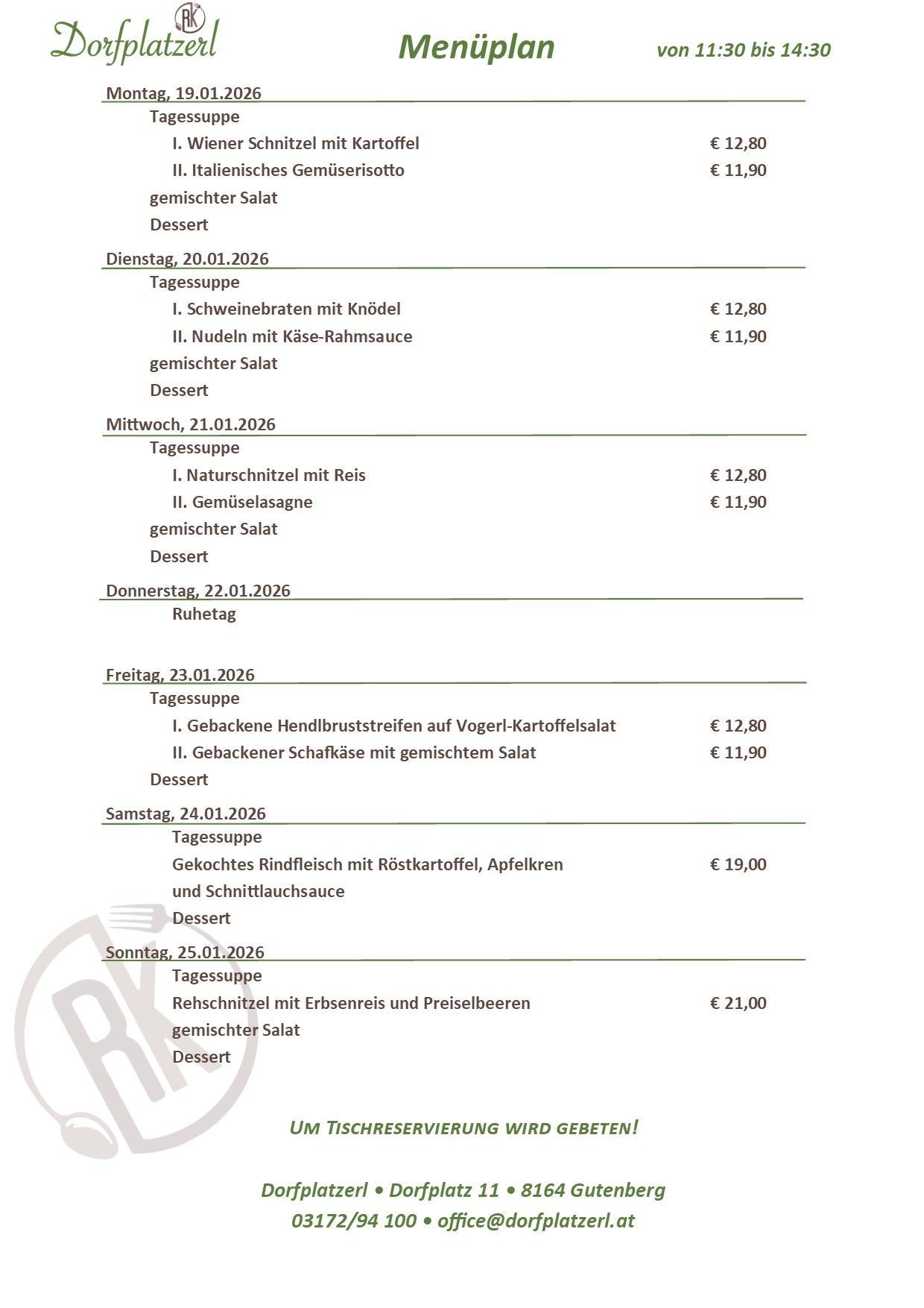 A menu for the week from Monday, January 20, 2026, to Sunday, January 25, 2026, with daily dishes and prices. Monday has two pork dishes, Tuesday has two vegetarian options, Wednesday has a mixed salad and dessert, and so on.