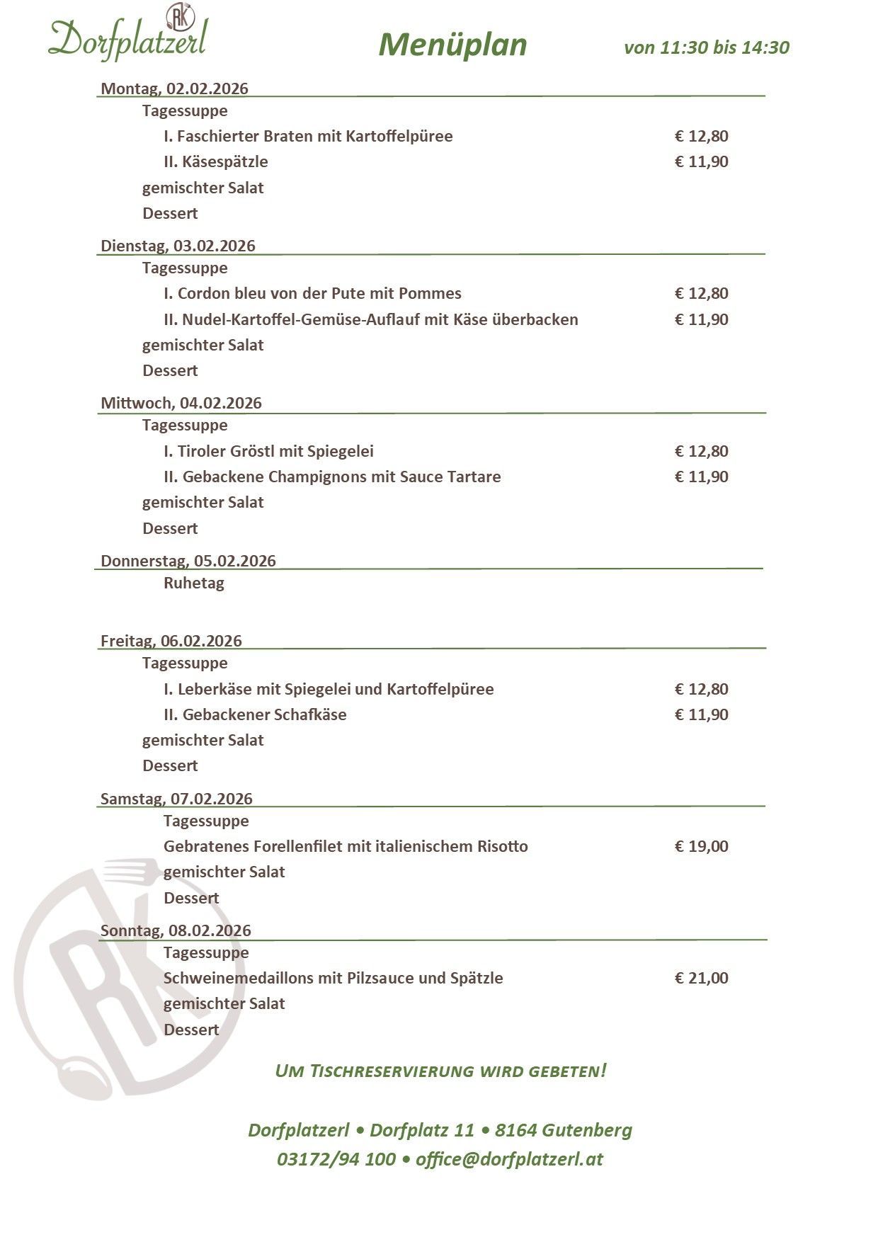 Wöchentliches Menü vom 03.02.2026 bis 08.02.2026. Jeden Tag gibt es zwei Hauptgerichte mit Preisen. Desserts sind ebenfalls aufgeführt. Das Menü umfasst eine Vielzahl von Gerichten wie Cordon bleu, gebratenes Hähnchen, Leber und mehr.