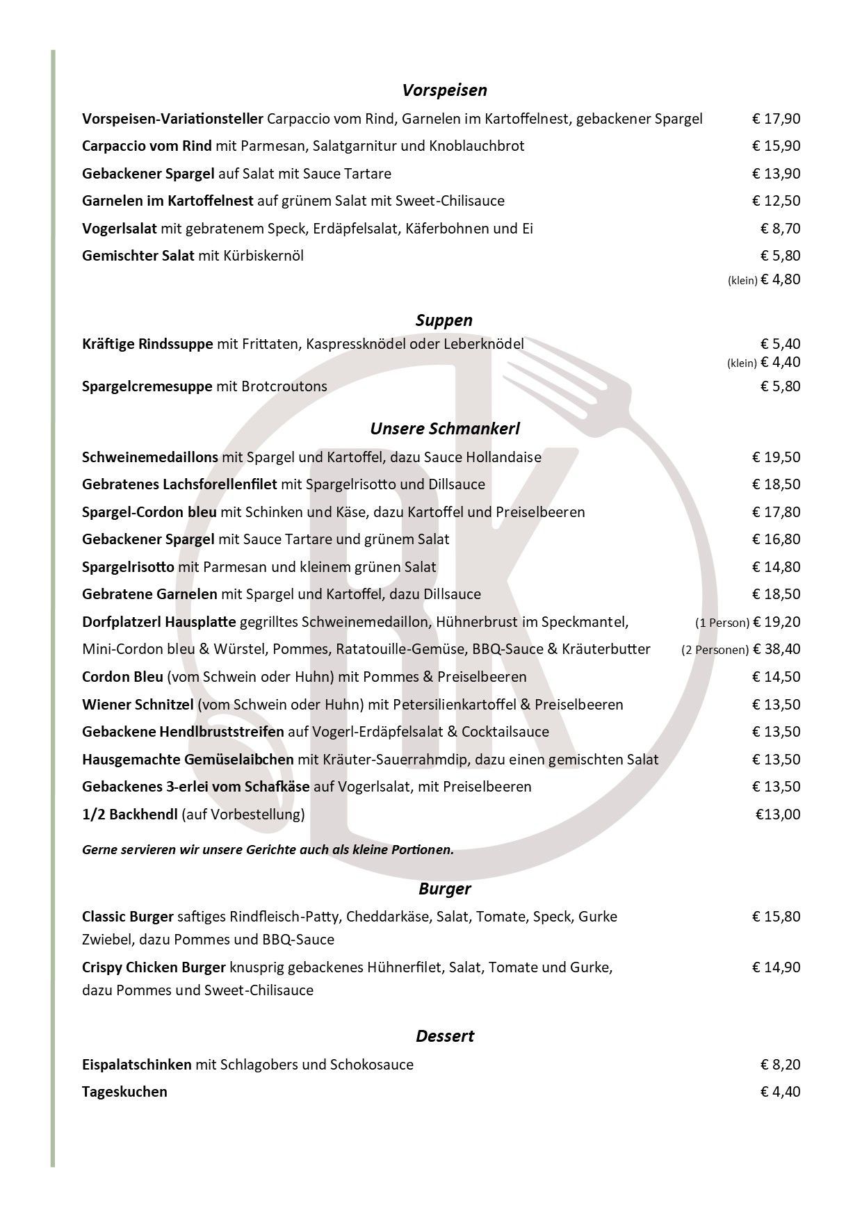 Das Menü bietet verschiedene Salate und Suppen, einschließlich Garnelensuppe mit gebratenen Garnelen, Spargelcremesuppe und Rindersuppe mit Fleischbällchen. Die Gerichte kosten zwischen 4,80 € und 19,50 €. Das Menü umfasst auch Burger und Desserts.