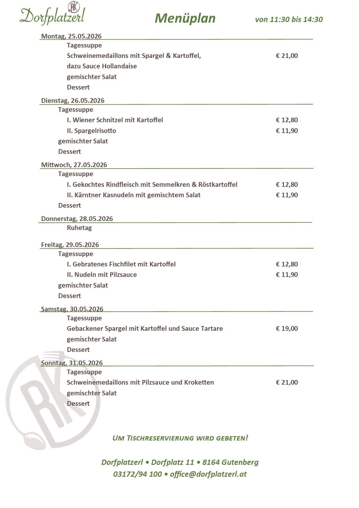 The menu lists meals for five days, starting from Tuesday, May 26, 2026. Each day includes two main dishes and a salad, with prices provided for each option. Meals end with dessert. The prices range from 11.90 to 21.00 euros.