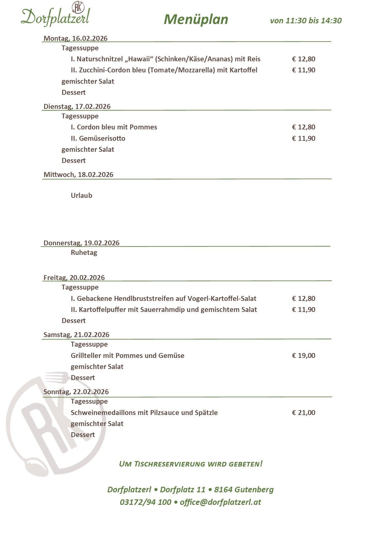 Eine Tabelle listet Mahlzeiten und Preise für mehrere Tage auf, beginnend mit Dienstag, 17.02.2026. An jedem Tag gibt es verschiedene Mahlzeiten mit Preisen, einschließlich Salate und Desserts. Die Tabelle geht bis Sonntag, 22.02.2026.