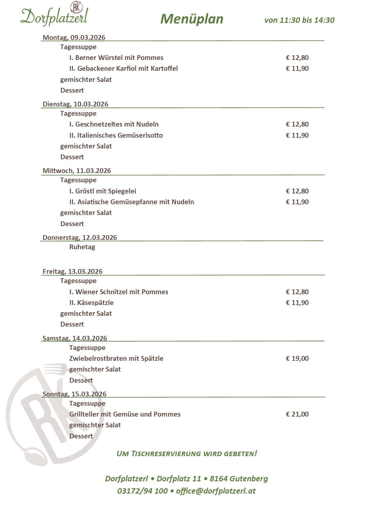 A menu for a week from March 10th to March 16th, 2026. Each day lists a soup, main course, and dessert with prices. The meals vary in style and ingredients.