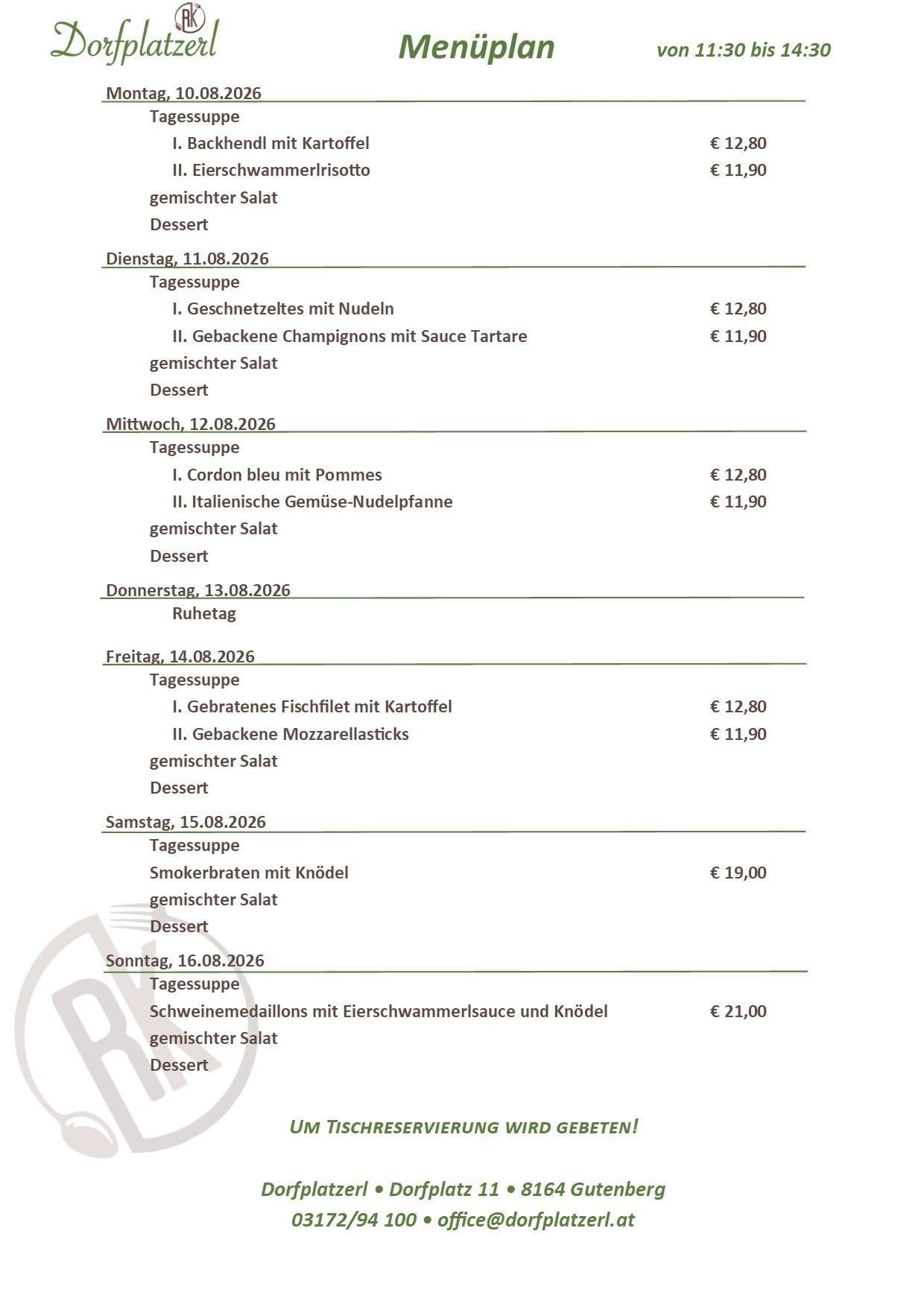 A table listing meals for the week of August 8, 2026, including dishes, prices, and a note about mixed salad and dessert.