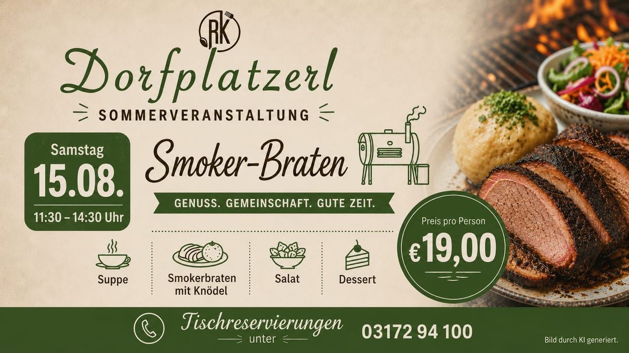 An advertisement for a smoker-bratwurst event at a marketplace. It features a smoked bratwurst, salad, and dessert, priced at 19.00 euros per person. Contact information and a phone icon are also included.