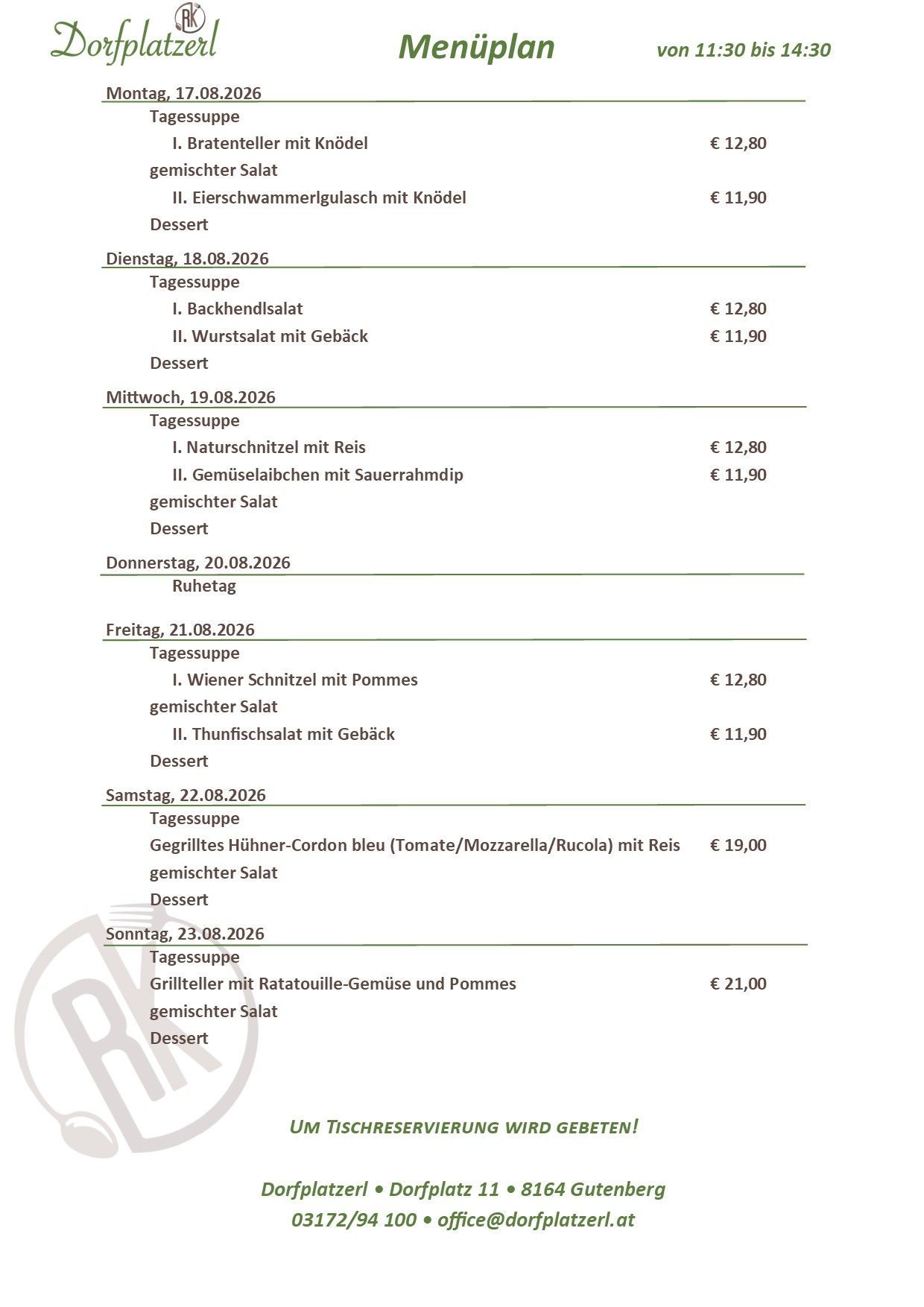 A menu for a week with daily meal options, including soups, salads, and desserts, priced in euros. Dates range from August 18 to August 23, 2026.