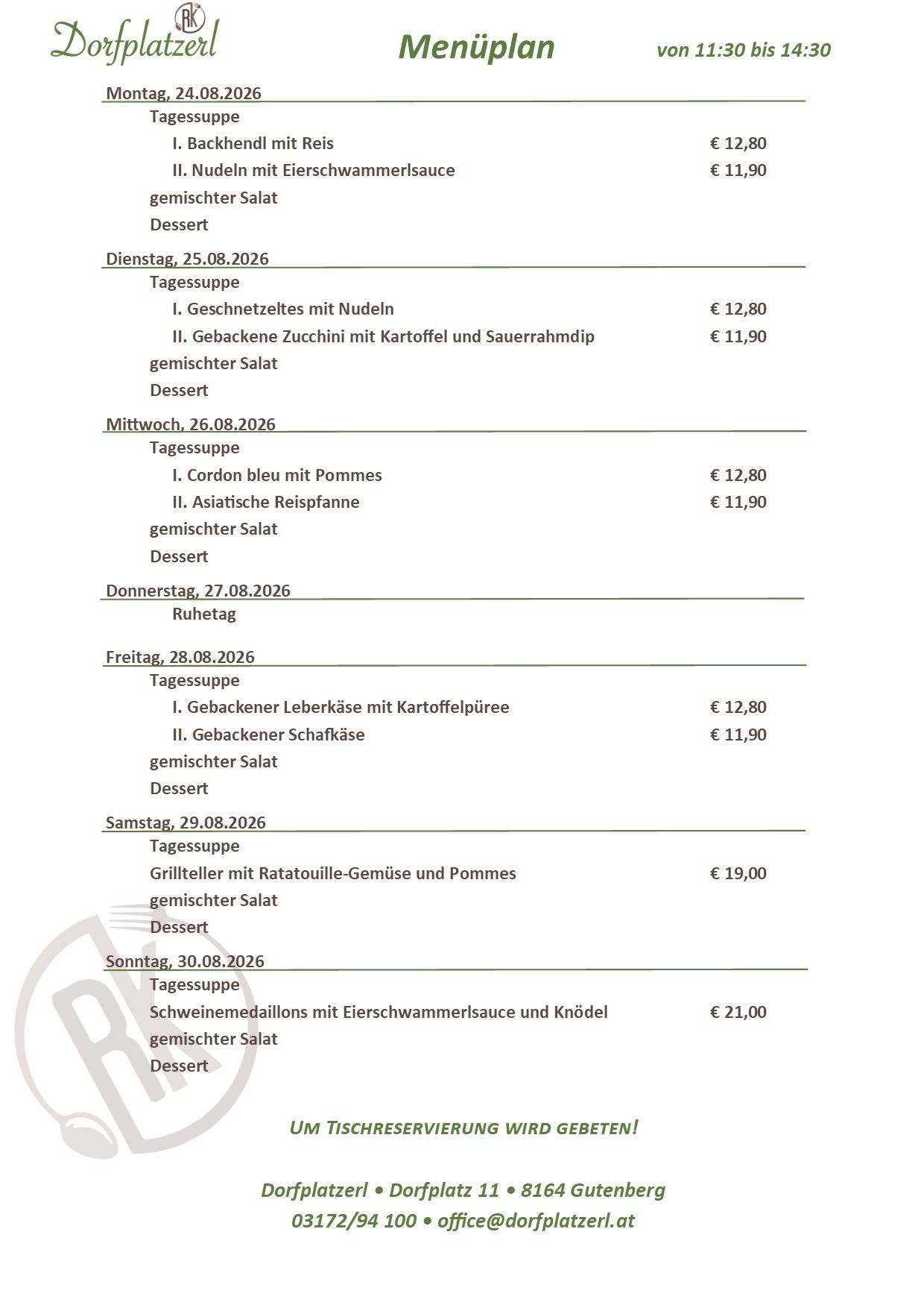 Ein Menü für die Woche vom 25. bis 30. August 2026, das tägliche Mahlzeiten mit Preisen auflistet. Jeder Tag beinhaltet ein Hauptgericht und ein Dessert.