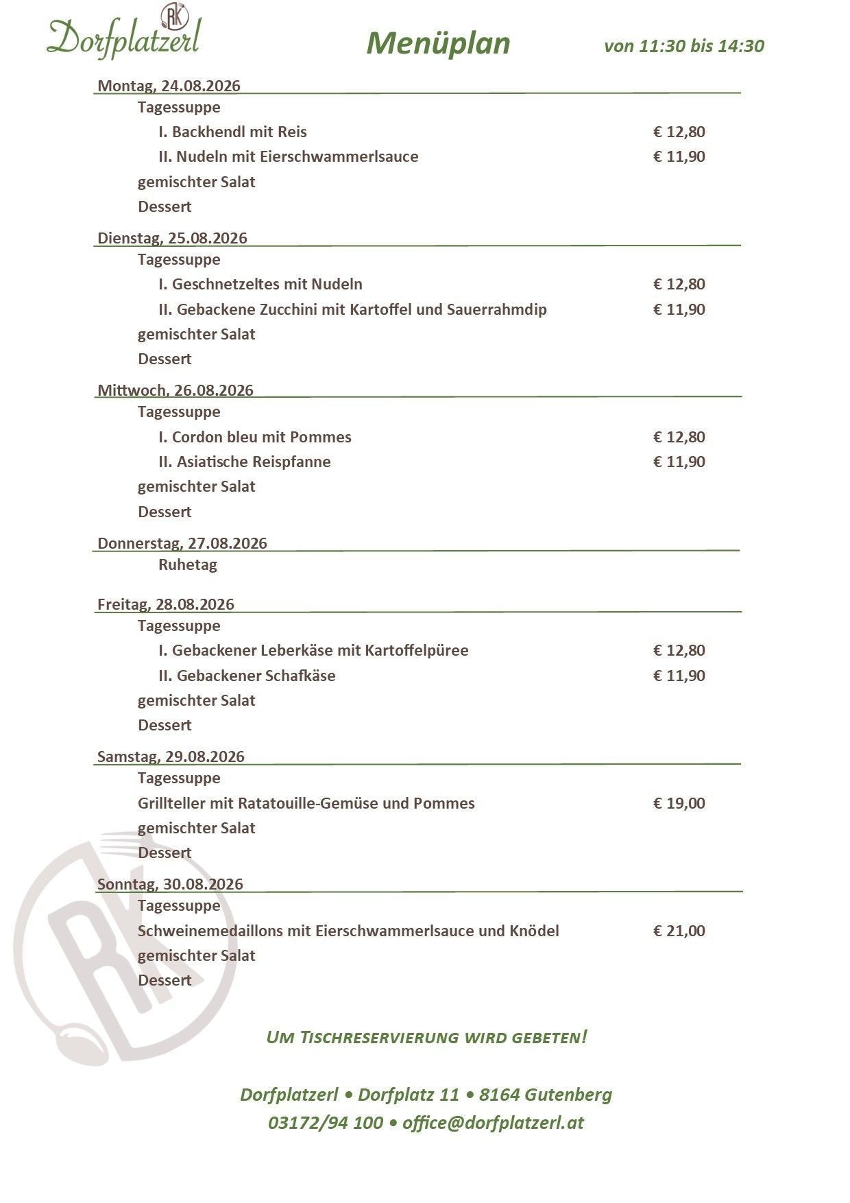 Ein Menü für die Woche vom 25. August bis 30. August 2026 mit täglichen Mahlzeiten, Preisen und einem Logo.